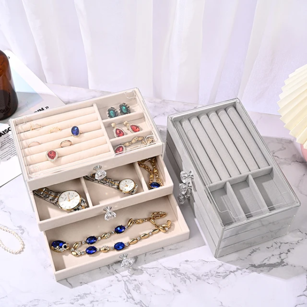 The 3-Layer Jewelry Organizer is a storage solution designed for organizing different types of jewelry. With three layers of compartments or trays, it offers ample space to neatly arrange and separate various items such as rings, earrings, and necklaces. The layered design enhances organization, preventing tangling and making it easy to locate specific pieces. These organizers often come in various materials and styles, providing both functionality and an aesthetically pleasing way to store and display jewelry. Ideal for keeping accessories in order, the 3-Layer Jewelry Organizer is a practical choice for personal or travel use.