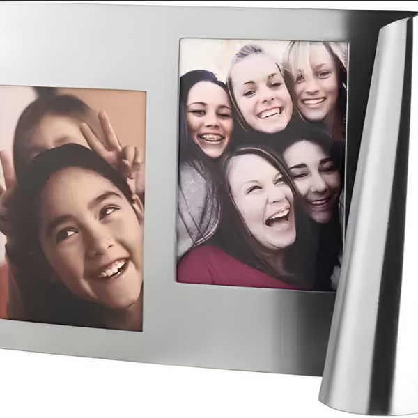 The "Unful Double Pix Photo Frame" is a two-photo frame designed for displaying two pictures simultaneously. It's a practical and decorative item for showcasing your favorite photos and adds a personalized touch to your home decor.Personalized Two Aperture Hinged Picture Frame.