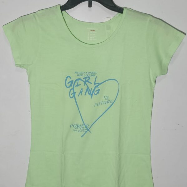Color: Light Green Design: The T-shirt features the phrase "GIRL GANG," often in bold and empowering lettering. The design may include additional graphics or illustrations that convey a sense of unity and empowerment. Sleeves: The sleeves can vary from short sleeves to long sleeves, depending on your preference and the season. Neckline: Choose a neckline that suits your style, such as a crewneck, V-neck, or scoop neck. Fit: Opt for a comfortable fit, whether it's a relaxed fit, a slightly fitted style, or an oversized look. Fabric: Choose a soft and breathable fabric like cotton or a cotton blend for comfort during casual wear.