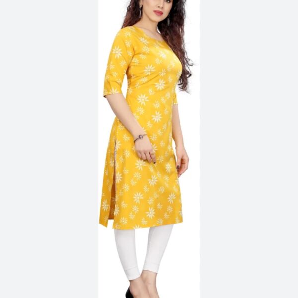 Material: Crepe fabric, known for its comfort and elegance. Color: Yellow, which can vary in shade from light to dark. Design: Depending on the brand and style, the kurti may feature different patterns, prints, or embroidery. It could have a round neck, V-neck, or other neckline styles.