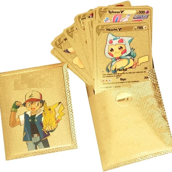 The Pokémon Golden Cards are special collectible cards featuring Pokémon characters with a golden or metallic finish. These cards are typically part of limited editions or promotional releases. The golden appearance adds a unique and premium element to the traditional Pokémon trading card game, making them highly sought after by collectors. The Pokémon Golden Cards often showcase iconic Pokémon in a distinctive and visually appealing way, catering to fans who appreciate both the artwork and the exclusivity of these limited-edition collectibles.