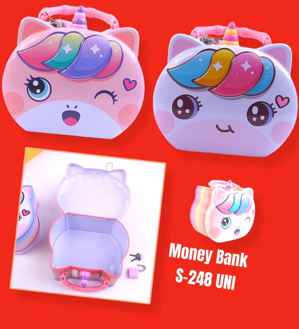 The MONEY BANK A-248 UNICORN is a unicorn-themed savings bank designed for storing money in a decorative manner. Typically featuring a unicorn design, this money bank adds a whimsical and playful touch to the act of saving. The A-248 model likely includes a coin slot for deposits and may have a closure mechanism for easy access to the saved money. This unicorn-themed money bank serves as both a functional container for saving money and a charming decorative item, making it appealing, especially for those who enjoy unicorn motifs.