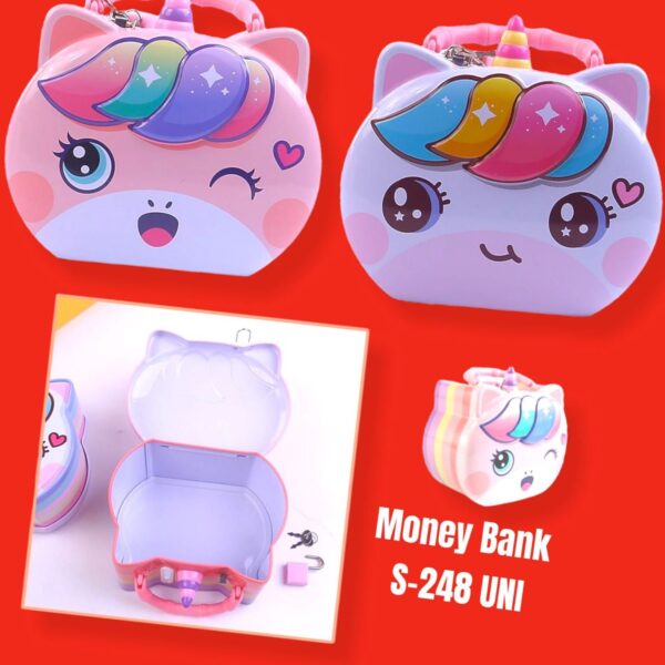 The MONEY BANK A-248 UNICORN is a unicorn-themed savings bank designed for storing money in a decorative manner. Typically featuring a unicorn design, this money bank adds a whimsical and playful touch to the act of saving. The A-248 model likely includes a coin slot for deposits and may have a closure mechanism for easy access to the saved money. This unicorn-themed money bank serves as both a functional container for saving money and a charming decorative item, making it appealing, especially for those who enjoy unicorn motifs.