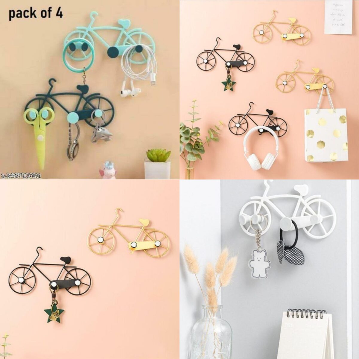 A "bicycle key stand (Set of 4)" appears to be a set of four stands or mounts used to store or hang bicycles securely. These stands are designed to hold the bicycle in place, making it easy to store or display multiple bikes efficiently while also helping to organize and save space. The term "key" in this context might refer to the way these stands are secured or locked in place.