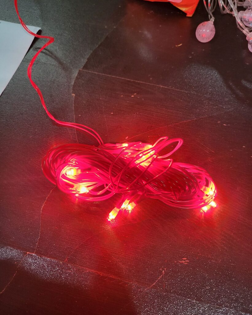 a decorative lighting product with warm red LED lights attached to a wire. It's often used for creating a cozy and enchanting ambiance in various settings. The wire allows for flexible and creative placement of the lights, making it suitable for decorating both indoor and outdoor spaces.