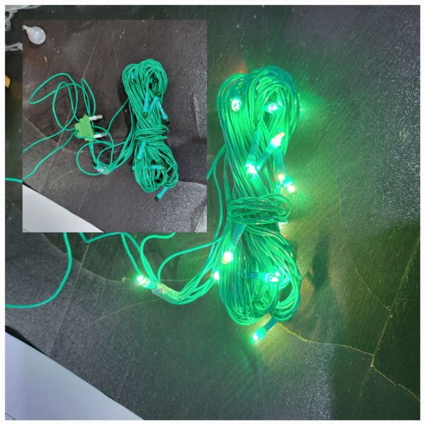 a decorative lighting product with warm green LED lights attached to a wire. It's often used for creating a cozy and enchanting ambiance in various settings. The wire allows for flexible and creative placement of the lights, making it suitable for decorating both indoor and outdoor spaces.