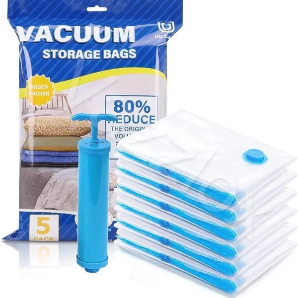 The Vacuum Bag Set includes five bags and one pump. These bags are designed for space-saving storage by removing air, allowing users to compress and store clothing, bedding, or other items efficiently. The set is a convenient solution for maximizing storage space and protecting items from dust, moisture, and odors. The inclusion of a pump simplifies the air extraction process, making it easy for users to create a vacuum seal in the bags. Ideal for organizing and preserving various items, this set is a practical storage solution for households.
