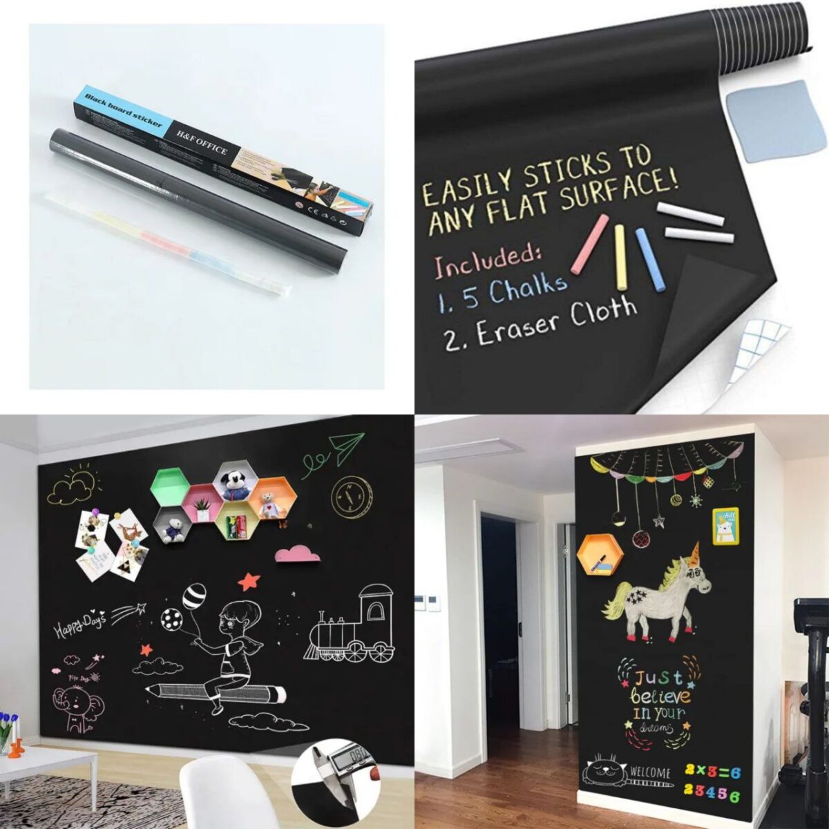 A self-adhesive blackboard sticker is a versatile and convenient product designed for transforming surfaces into functional chalkboards. This sticker features a peel-and-stick backing, allowing easy application to various smooth surfaces such as walls, doors, or furniture. The blackboard surface is suitable for writing with chalk, and it can be easily wiped clean for reuse. This product is ideal for creating writable spaces in homes, offices, classrooms, or any environment where a temporary or movable chalkboard is desired. It offers a practical and customizable solution for notes, reminders, or creative expression