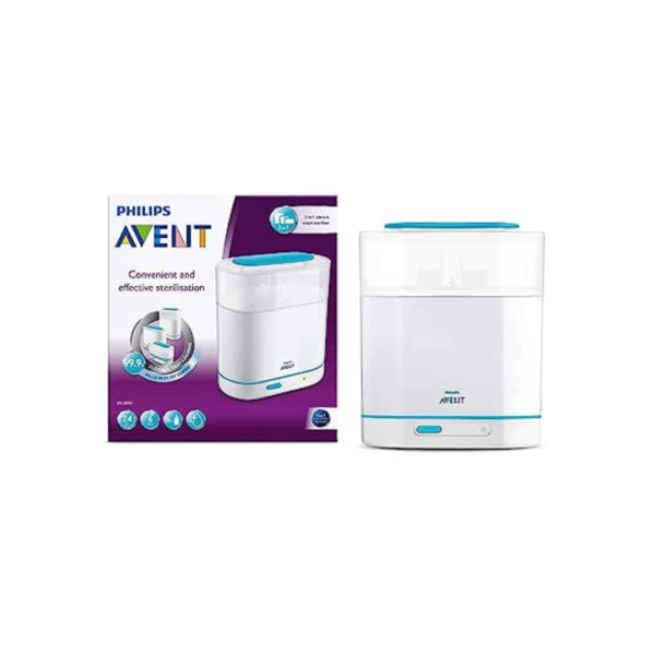 The Philips Avant 3-in-1 Electric Steam Sterilizer is a versatile and efficient device designed to effectively sterilize baby bottles and accessories. This sterilizer uses natural steam to kill harmful germs and bacteria, providing a safe environment for your baby's feeding equipment. Its 3-in-1 functionality allows for three different configurations: small size for sterilizing pacifiers, medium size for breast pumps, and large size for up to six bottles. The unit operates quickly, completing the sterilization process in just 6 minutes. It features an automatic shut-off for safety and is easy to use, making it a convenient and reliable choice for parents seeking a hygienic solution for their baby's feeding essentials.