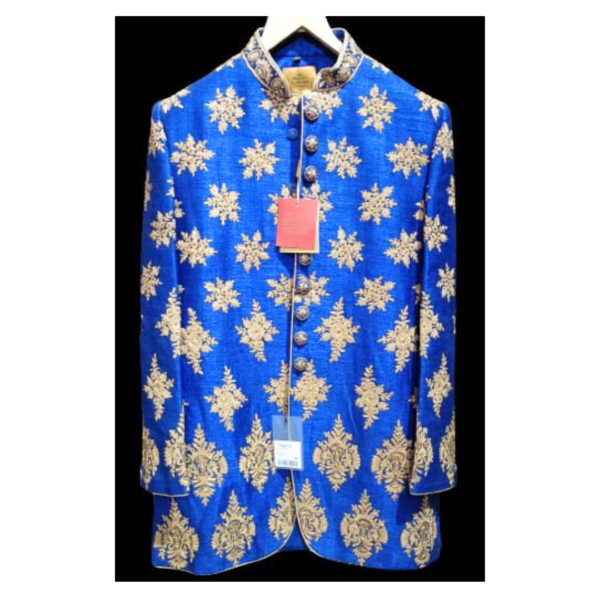The jacquard weaving technique employed in this sherwani adds a distinctive and intricate pattern to the fabric, creating a visually stunning effect. The royal blue color enhances the regal and elegant appeal of the sherwani, making it a perfect choice for special occasions such as weddings, festivals, or other celebratory events.