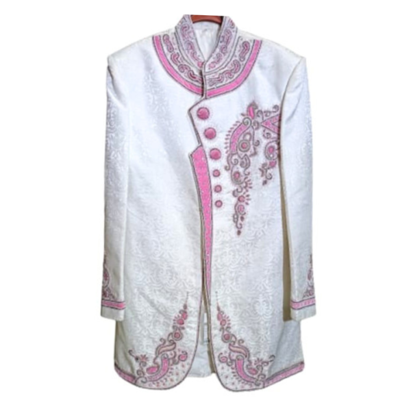 The sherwani features a resplendent silver and pink color palette, creating a striking visual appeal. The luxurious Jodhpuri Silk fabric adds a touch of opulence, ensuring you stand out at any celebratory occasion.