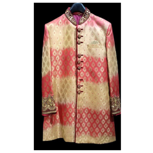 The sherwani, a popular choice for special occasions and weddings, is characterized by its long, tailored silhouette and buttoned front. The maroon color not only symbolizes sophistication but also holds cultural significance in many Indian ceremonies.