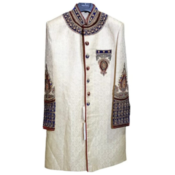 The embroidery on the Sherwani typically features traditional Indian motifs, intricate patterns, and embellishments that add a touch of regality to the attire. Gold or silver threadwork, sequins, and beads are commonly used to create stunning designs that reflect the rich heritage of Indian craftsmanship.