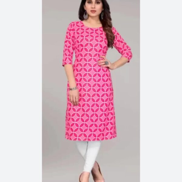 Material: The kurta is made from crepe fabric, known for its lightweight and flowy nature. Crepe has a slightly crinkled texture that adds an elegant touch to the garment. Color: The kurta comes in a vibrant pink color, adding a feminine and lively appeal. The pink hue is likely to be eye-catching and suitable for various occasions. Print: The kurta features a printed design, which could be in the form of floral patterns, geometric shapes, or other intricate motifs. The print adds a decorative element to the kurta, enhancing its overall aesthetic.