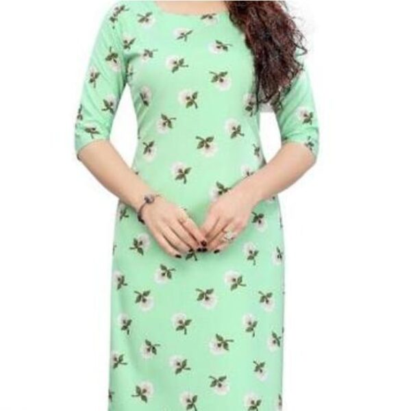 This women's kurta is crafted from crepe fabric, offering a lightweight and comfortable feel. The A-line silhouette of the kurta is designed to flatter various body shapes, gently flowing away from the body to create an elegant and feminine look. The light green color adds a refreshing and vibrant touch to the outfit, making it suitable for various occasions.