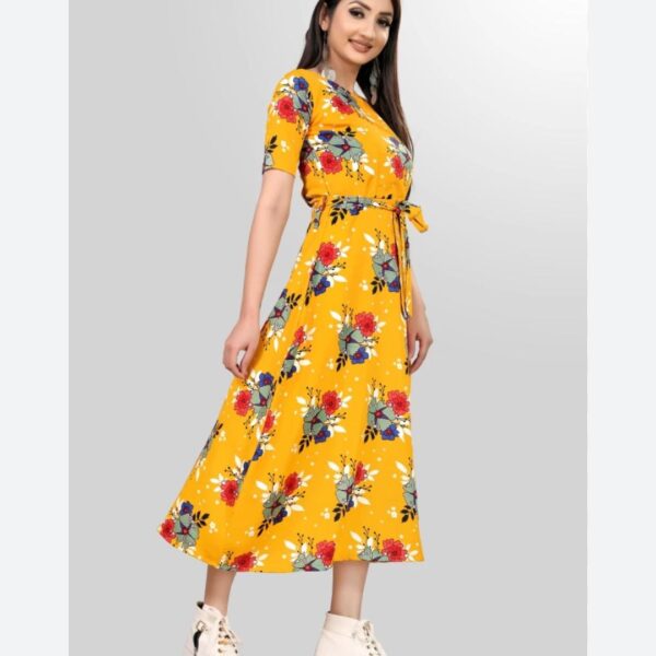 Color: Yellow (specific shade may vary, such as bright yellow, mustard, or any other hue of yellow). Print: The dress features a printed design, which could include various patterns, floral prints, geometric shapes, or any combination of colors and motifs. Silhouette: A-line silhouette, where the dress is fitted at the waist and gradually flares out towards the hem, creating an "A" shape. This style is flattering for various body types. Length: The length of the dress can vary, ranging from mini to midi or maxi, depending on your preference and the occasion.