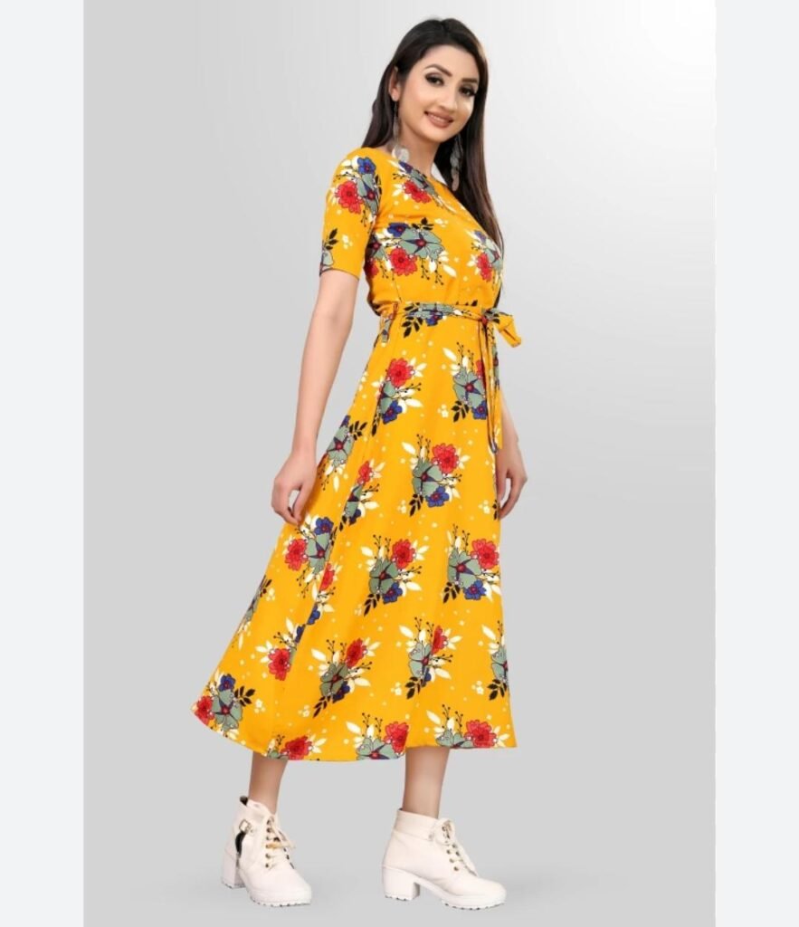 Color: Yellow (specific shade may vary, such as bright yellow, mustard, or any other hue of yellow). Print: The dress features a printed design, which could include various patterns, floral prints, geometric shapes, or any combination of colors and motifs. Silhouette: A-line silhouette, where the dress is fitted at the waist and gradually flares out towards the hem, creating an "A" shape. This style is flattering for various body types. Length: The length of the dress can vary, ranging from mini to midi or maxi, depending on your preference and the occasion.