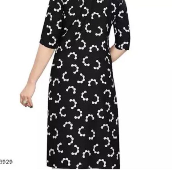 Color: Rich black base with contrasting white prints. Fabric: High-quality and breathable fabric to ensure comfort throughout the day. Print Design: Elegant and intricate white prints, carefully curated to enhance the overall appeal of the kurti. Neckline: A classic neckline that strikes the perfect balance between modesty and style.