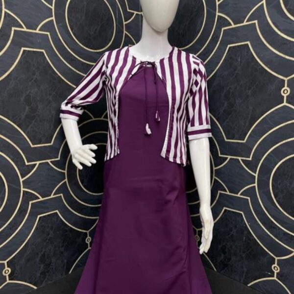 Material: Made from high-quality crepe fabric, this kurta offers a lightweight and breathable feel, making it ideal for various occasions. Design: The A-line silhouette enhances your feminine curves while providing a comfortable and flattering fit. The striped pattern adds a touch of sophistication to the overall look. Color: Radiant Purple brings a burst of color to your wardrobe, making it a versatile piece for both casual and semi-formal settings.