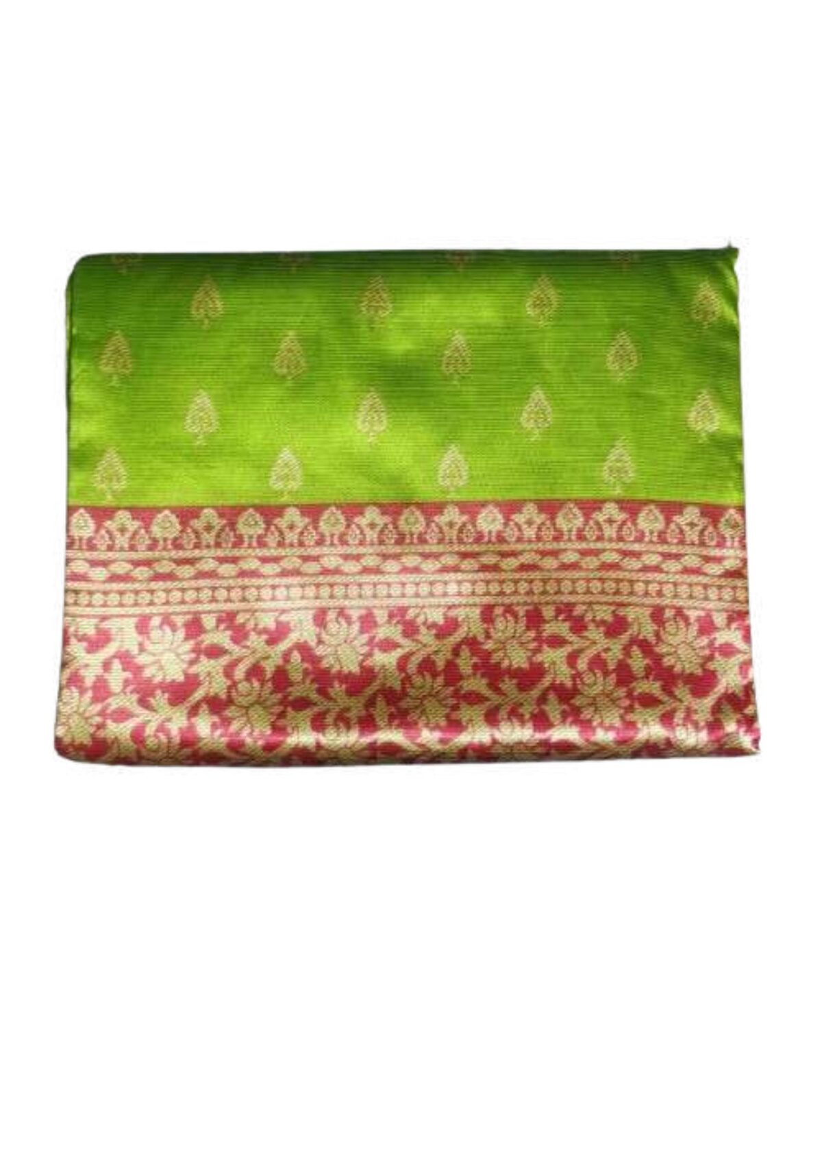 A semi Kanchipuram saree in green and pink would likely be a beautiful traditional Indian silk saree that combines the elegance of Kanchipuram silk with a semi-silk fabric. Kanchipuram sarees are renowned for their rich silk, vibrant colors, and intricate zari (metallic thread) work.