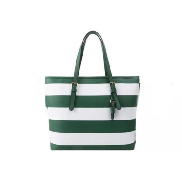 This handbag boasts a classic design with white as the primary color and refreshing green stripes that add a pop of vibrancy. The combination of colors exudes a timeless charm, making it a versatile accessory for various occasions.