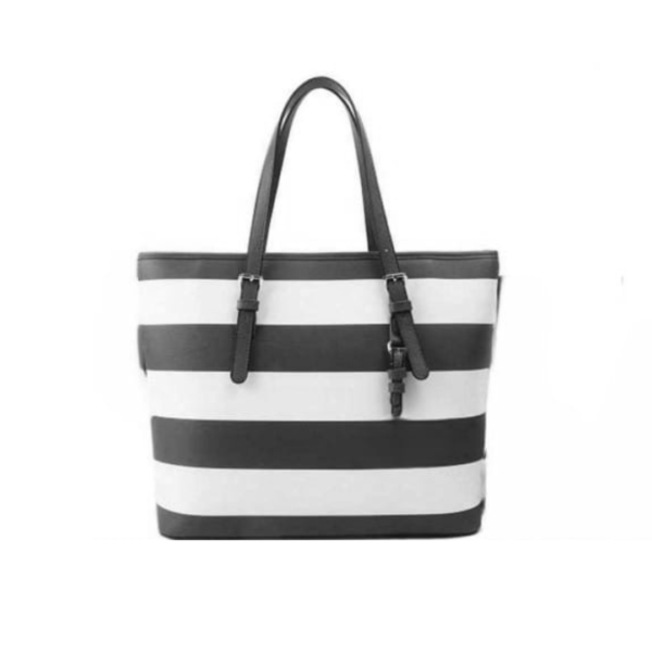 This handbag boasts a classic and timeless design featuring white and black stripes, adding a bold yet elegant flair to your ensemble. The stylish stripes create a versatile pattern that effortlessly complements both casual and semi-formal outfits.