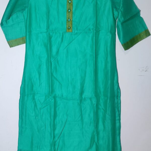 Material: The kurta is likely made from woven fabric, which could include materials like cotton, silk, or a blend of different fabrics. Design: The design of the kurta is often influenced by traditional Indian patterns and styles. It might have intricate weaving, embroidery, or other embellishments that add to its aesthetic appeal.